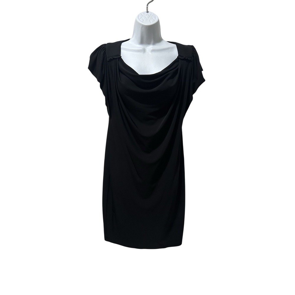 Suzi Chin for Maggy Boutique Black Cowl Neck Sheath Dress Size 2 Cap Sleeve LBD